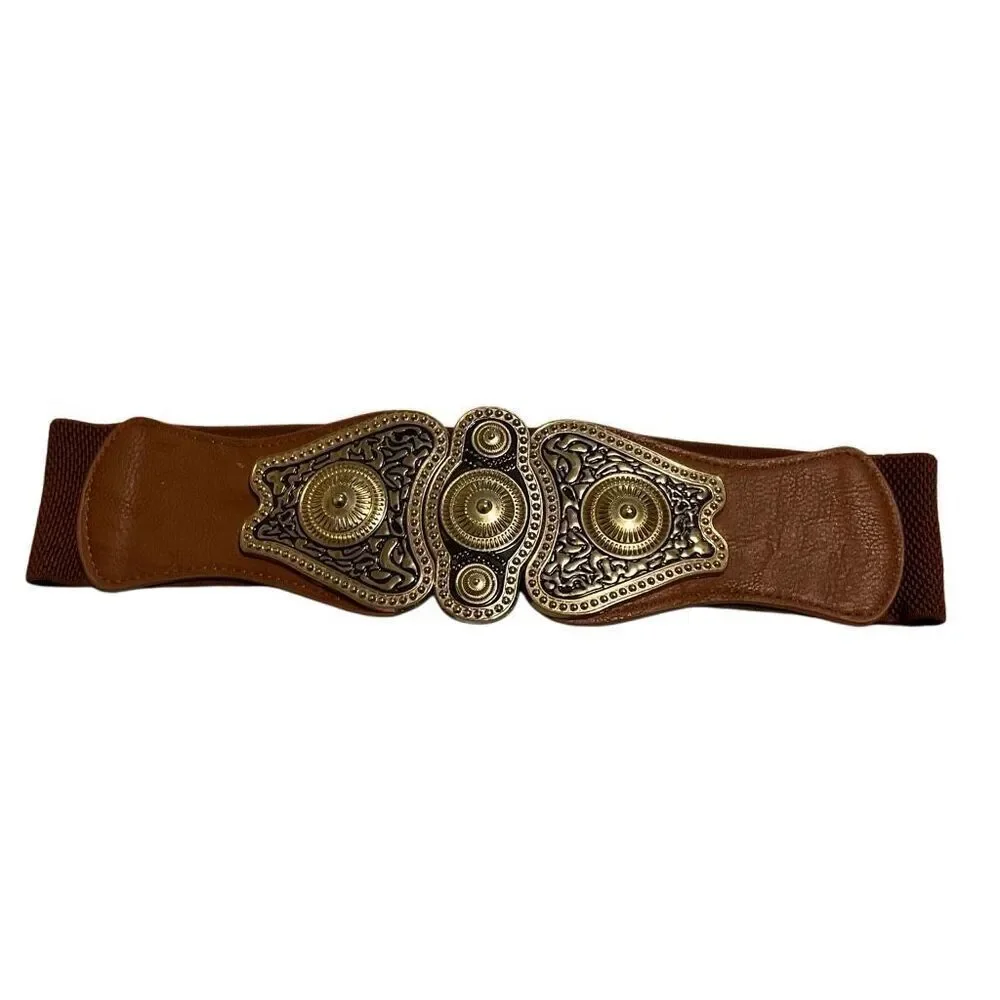 Cool vintage looking metal stretch antique buckle belt, brown and brushed gold